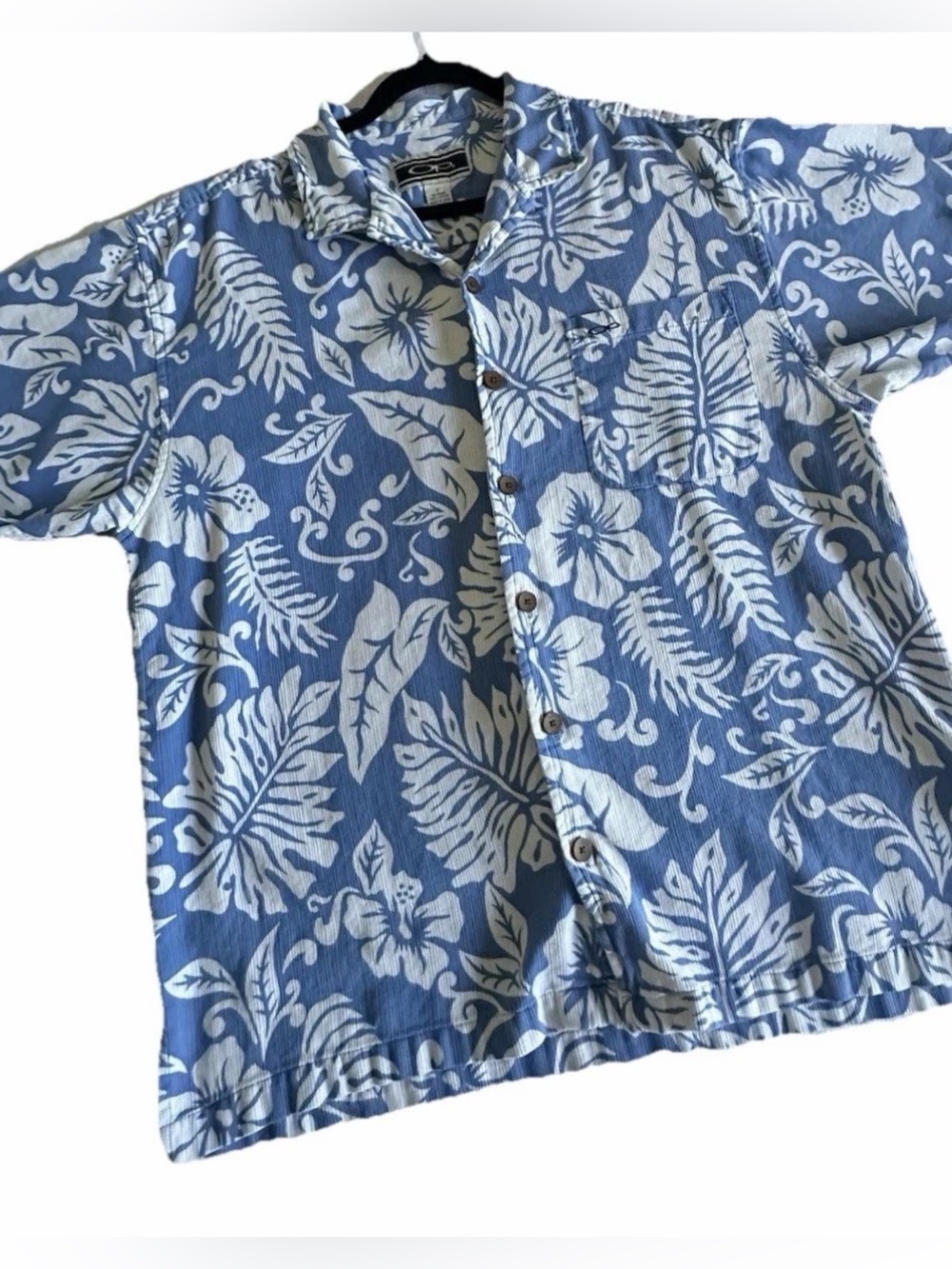 Vintage Op Ocean Pacific Mens L Blue Floral Hawaiian Button Up Shirt Luau Resort